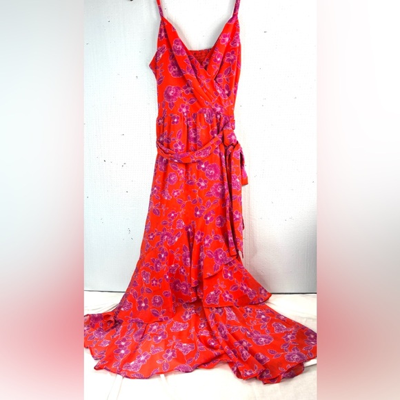 Eliza J 12 Summer HOT Ruffle Midi Orange Red and Purple Aloha Floral Midi Dress - Picture 3 of 9